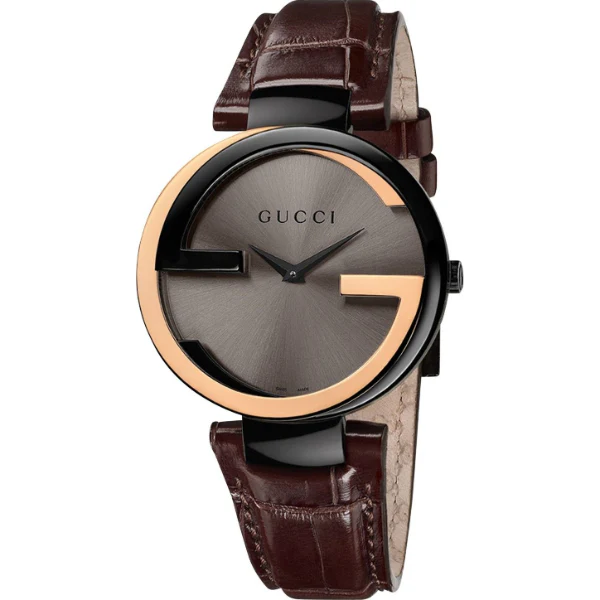 Gucci G-Timeless Brown Leather Strap Watch with Black & Rose Gold Bezel – Swiss Luxury Timepiece