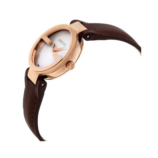 Gucci Women's G-Timeless Rose Gold Watch with Brown Leather Strap – Luxury Mother-of-Pearl Dial