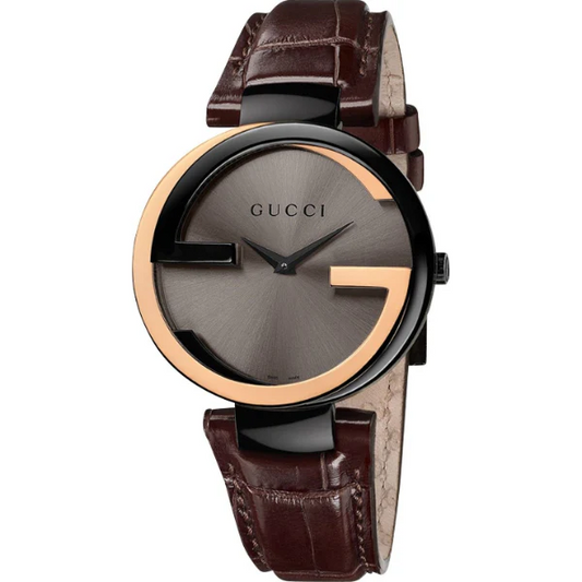 Gucci G-Timeless Brown Leather Strap Watch with Black & Rose Gold Bezel – Swiss Luxury Timepiece