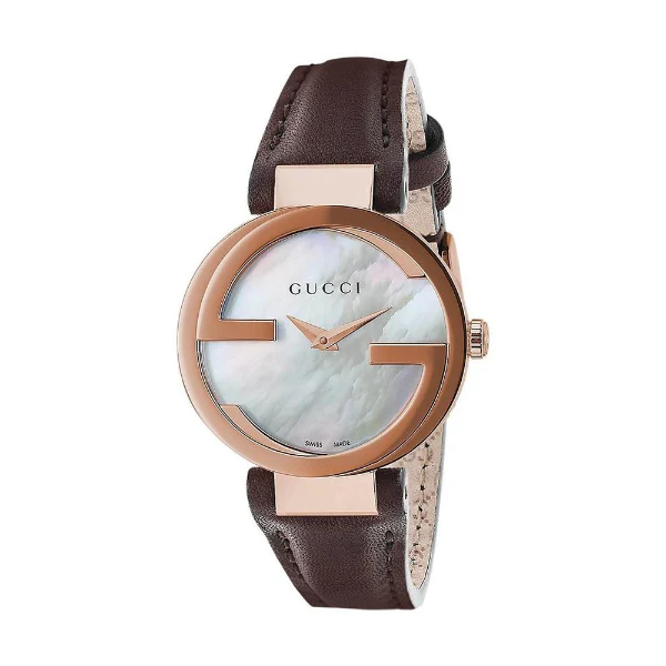 Gucci Women's G-Timeless Rose Gold Watch with Brown Leather Strap – Luxury Mother-of-Pearl Dial