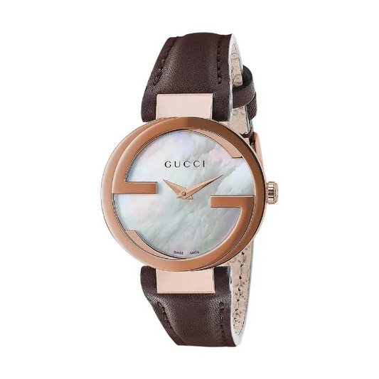 Gucci Women's G-Timeless Rose Gold Watch with Brown Leather Strap – Luxury Mother-of-Pearl Dial